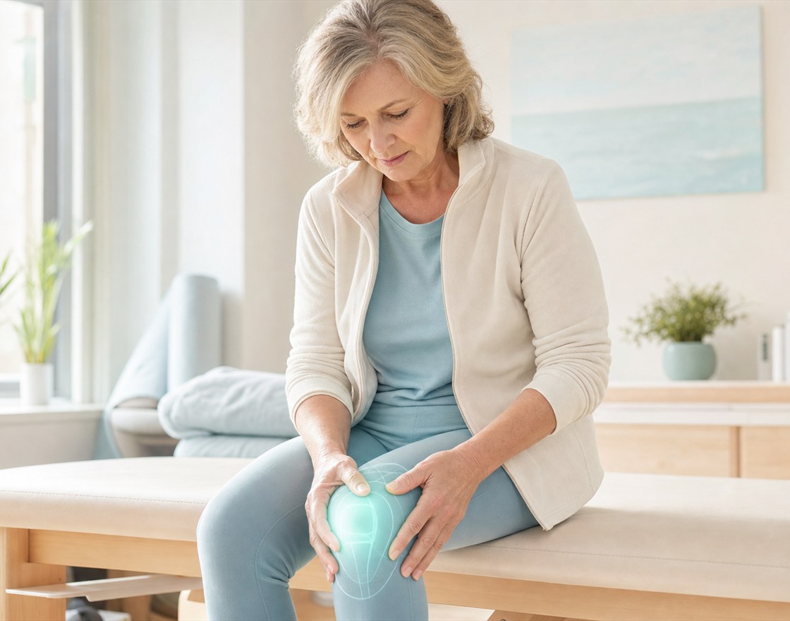 Woman receiving care for knee discomfort in a bright medical setting